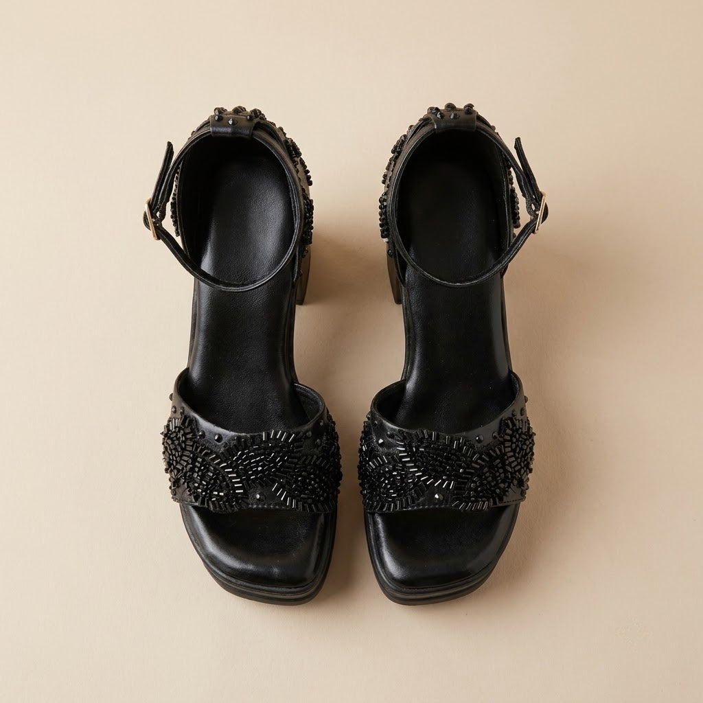 Black Onyx Paisley Bugle-Bead Platform Block-Heels