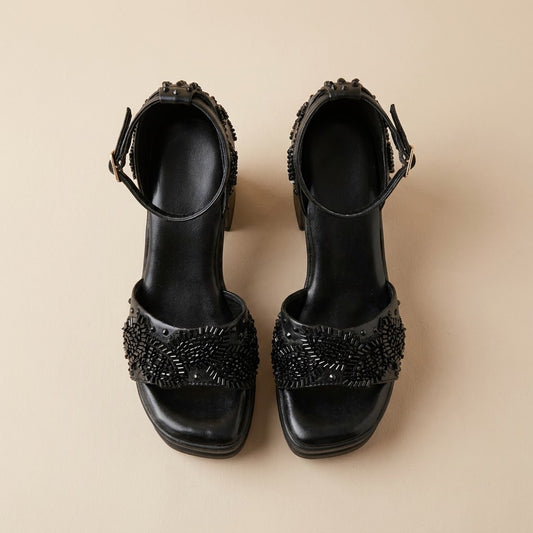 Black Onyx Paisley Bugle-Bead Platform Block-Heels