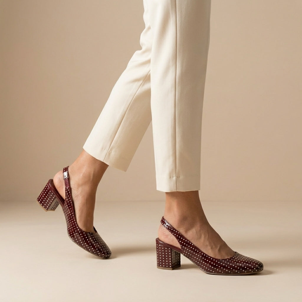 Burgundy Dot-Print Slingback Heels