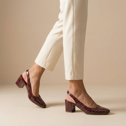 Burgundy Dot-Print Slingback Heels