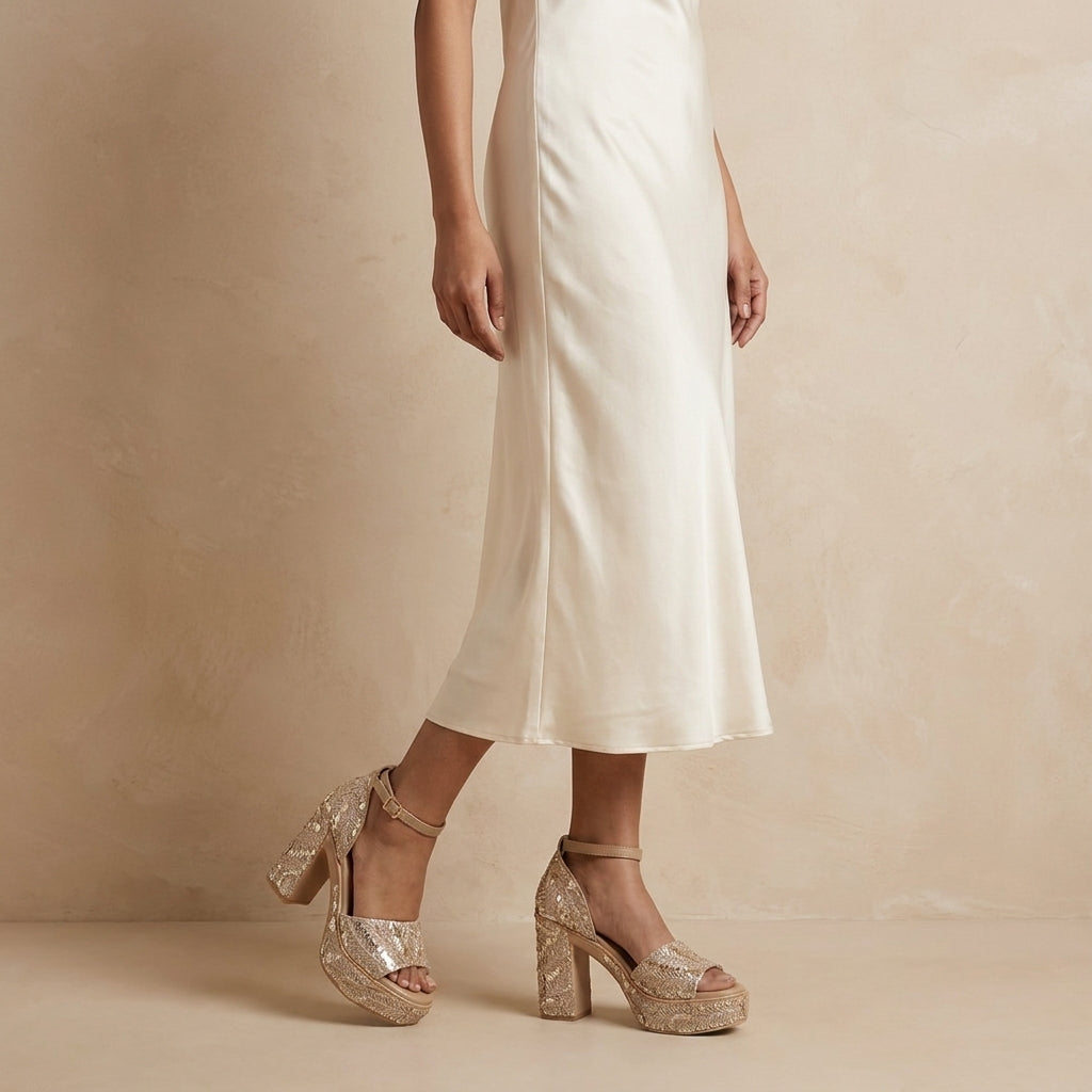 Champagne Fern Sequin Platform Heels