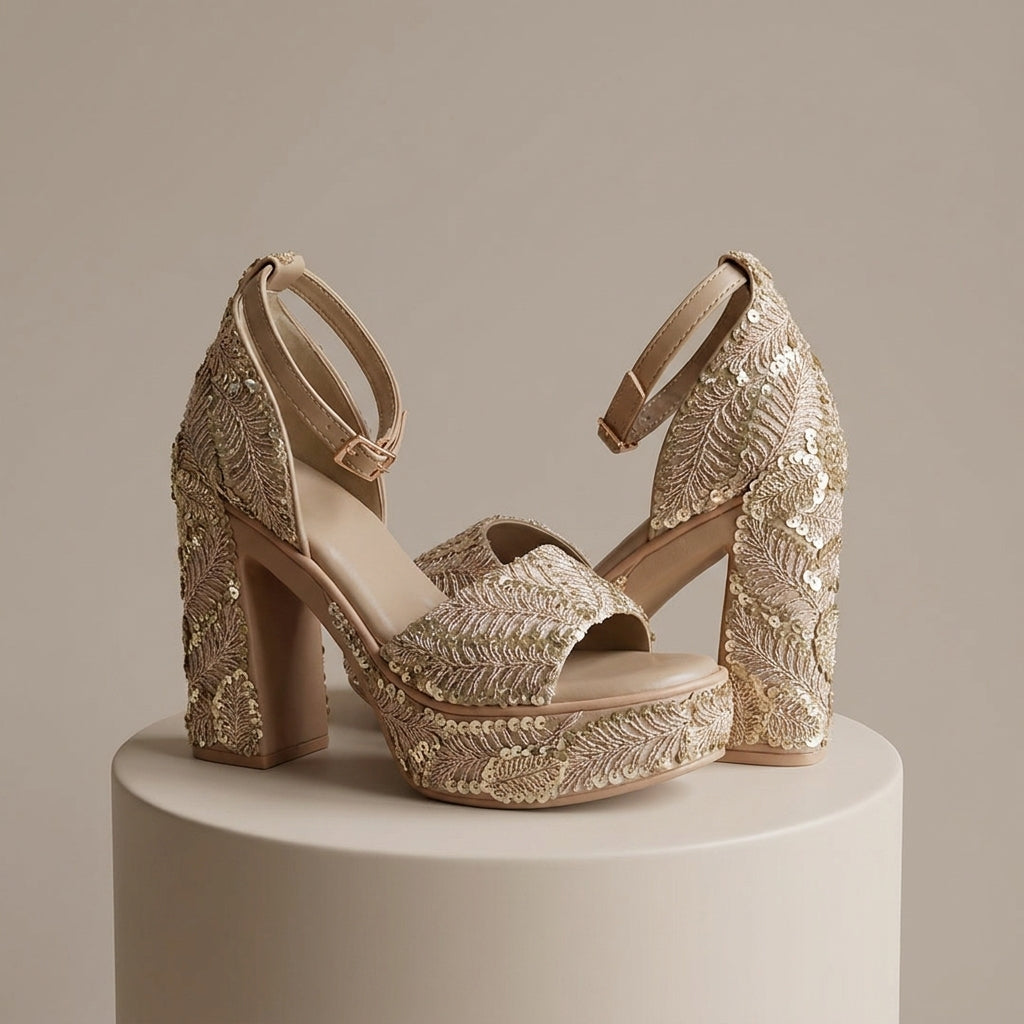 Champagne Fern Sequin Platform Heels