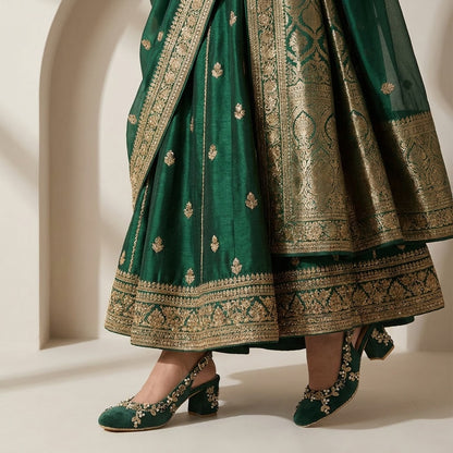 Emerald Green Gold-Vine Block Slingback Heels