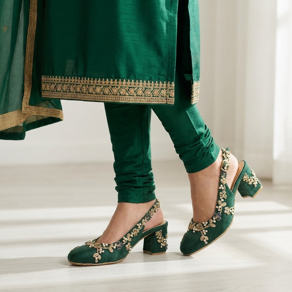Emerald Green Gold-Vine Block Slingback Heels