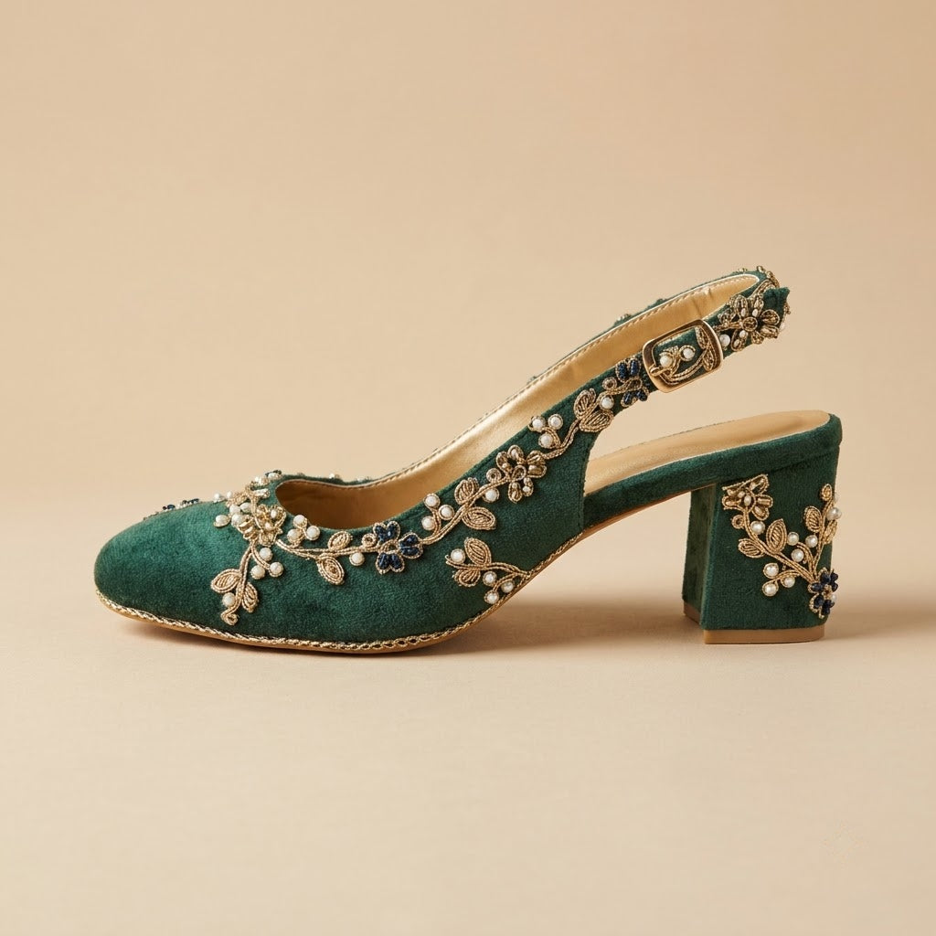 Emerald Green Gold-Vine Block Slingback Heels