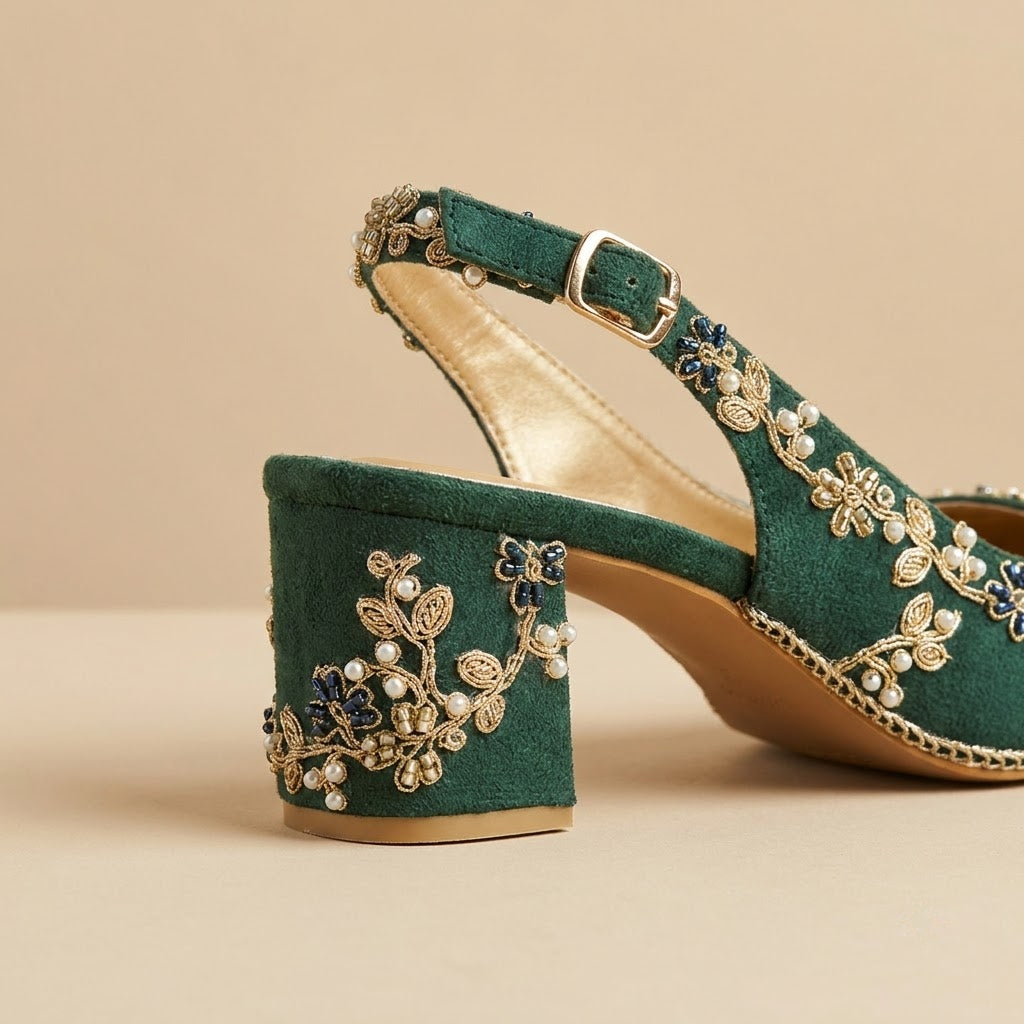 Emerald Green Gold-Vine Block Slingback Heels