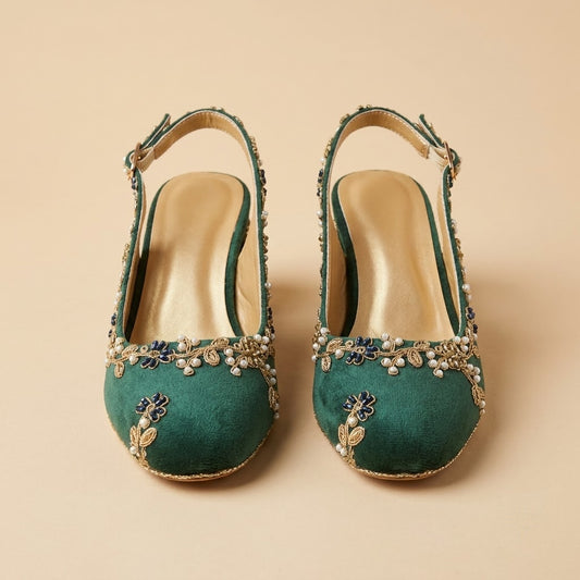 Emerald Green Gold-Vine Block Slingback Heels