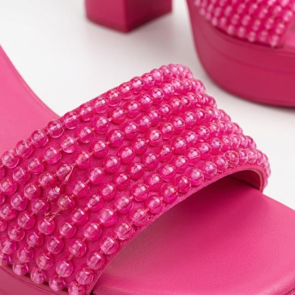 Pink Mosaic Faceted-Bead Platform Block-Heels