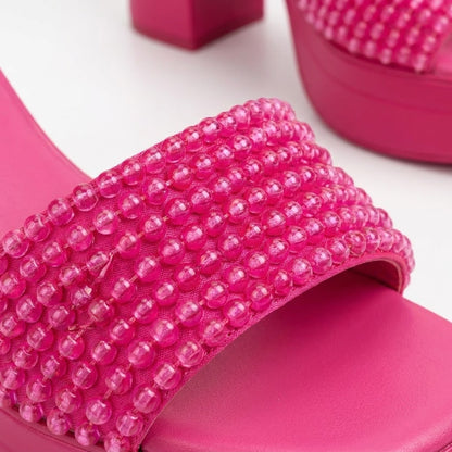 Pink Mosaic Faceted-Bead Platform Block-Heels