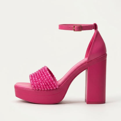 Pink Mosaic Faceted-Bead Platform Block-Heels