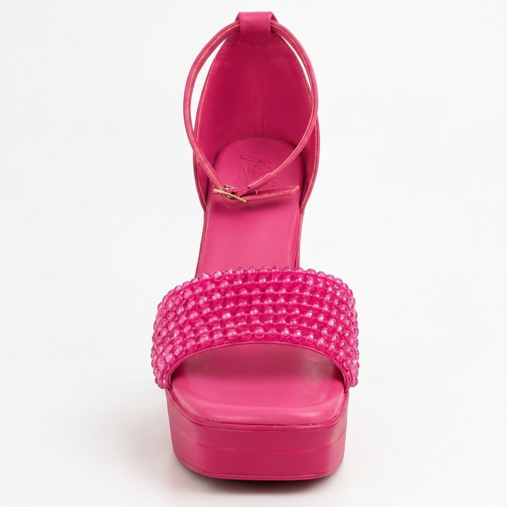 Pink Mosaic Faceted-Bead Platform Block-Heels