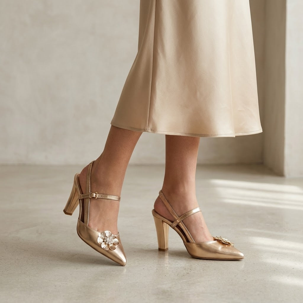 Gilded Rose Crystal-Brooch Tapered-Block Slingback Heels