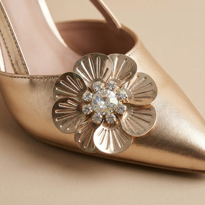 Gilded Rose Crystal-Brooch Tapered-Block Slingback Heels