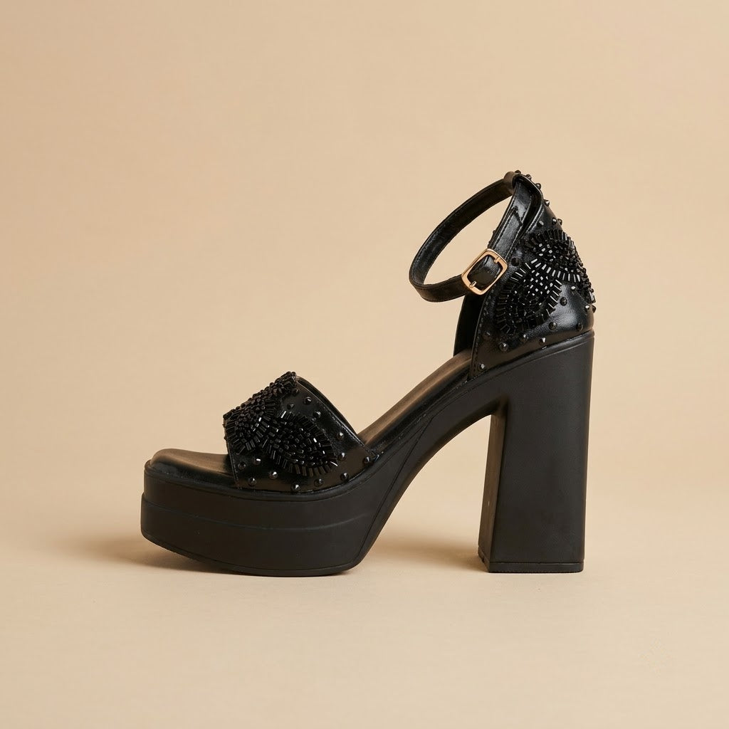Black Onyx Paisley Bugle-Bead Platform Block-Heels