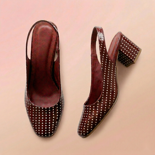 Burgundy Dot-Print Slingback Heels