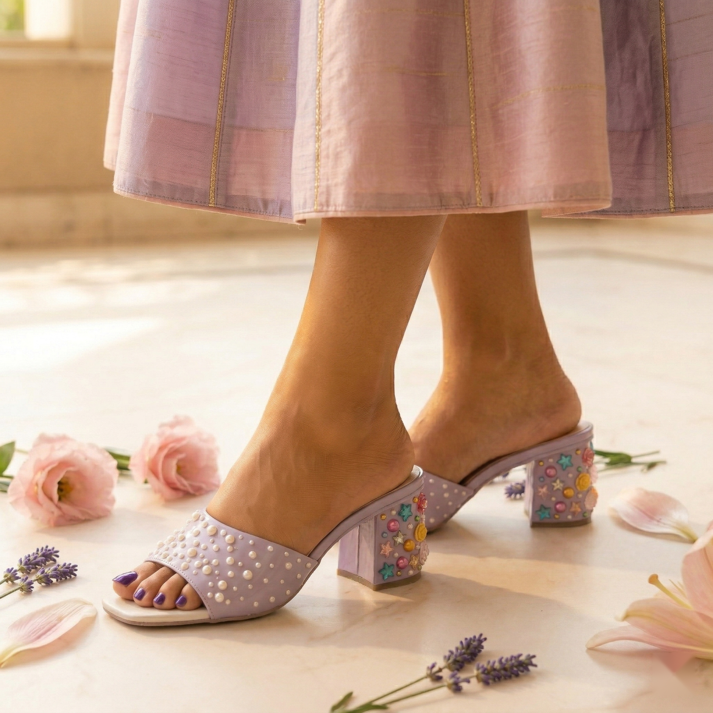Pearl Scatter Block Heel Mules